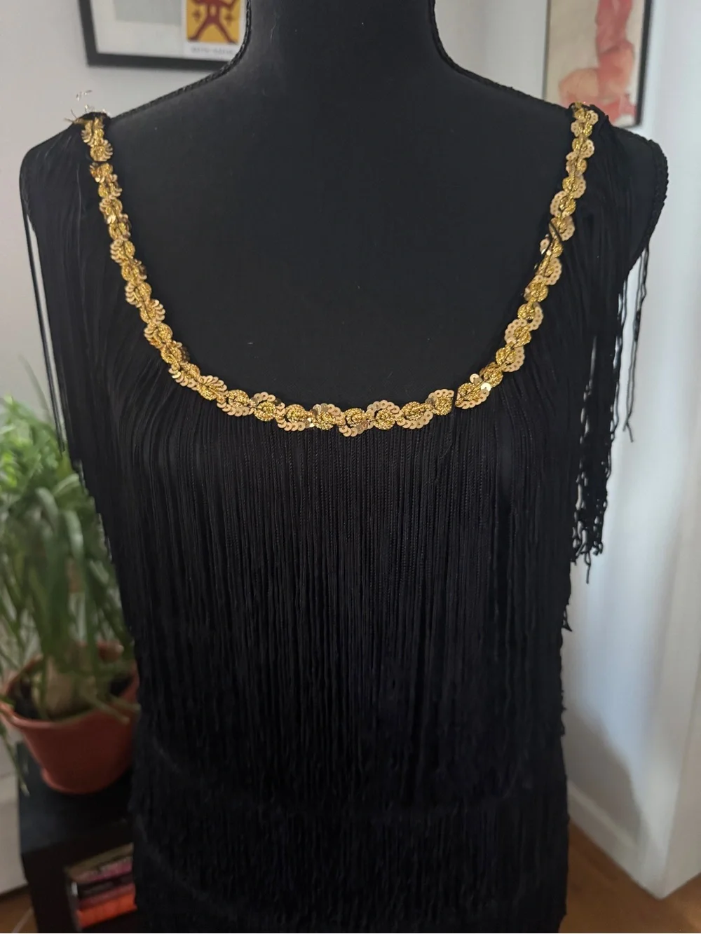Black Fringe Flapper Costume. Dress with Gold Trim and Feather Headband. Size M